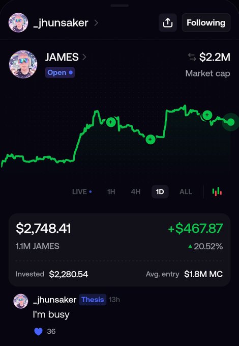 The image shows a portfolio tracking screen displaying the JAMES token with a market cap of $2.2M, showing the user's 1M JAMES position worth $2,748.41 (up $467.87 or 20.52%) with an average entry at $1.8M market cap, along with a post from "_jhunsaker" stating "I'm busy." This relates to the JAMES token update about adding MON liquidity to improve trading on Fomo, with the chart showing recent price recovery that aligns with the post's discussion of reducing price impact and fixing routing issues.