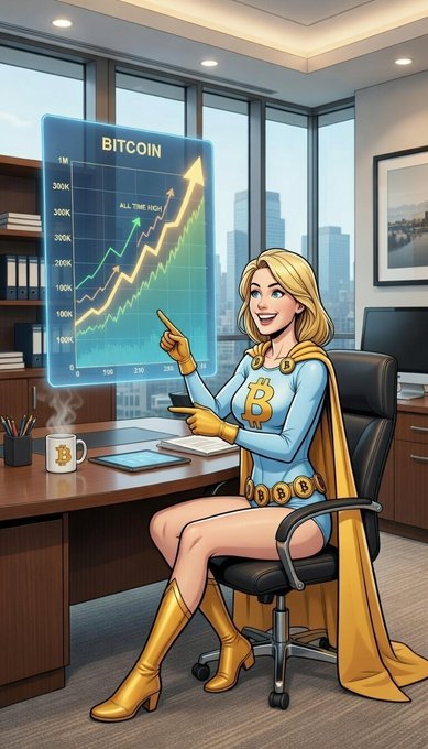 A blonde woman in a Bitcoin-themed superhero outfit (featuring a "B" logo, gold boots, and cape) points excitedly at a hovering chart labeled "BITCOIN" showing an upward-trending graph marked "ALL TIME HIGH" in a modern office setting. The image visually reinforces the post's bullish sentiment, depicting a confident "crypto hero" celebrating Bitcoin's all-time high and signaling the start of an epic bull market.