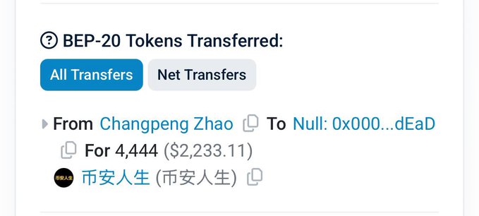 A BEP-20 token transfer record shows Changpeng Zhao (CZ) sending 4,444 tokens (worth $2,233.11) of "币安人生" (Binance Life) to the burn address 0x000...dEaD, corroborating the claim that CZ burned 4,444 tokens on Binance Life.