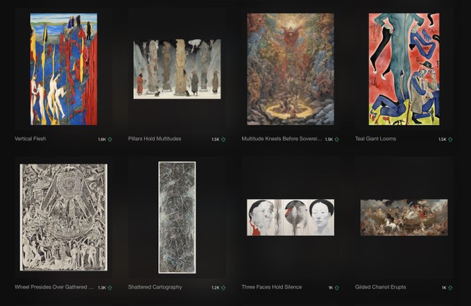 A gallery of eight artworks with titles including 'Vertical Flesh', 'Pillars Hold Multitudes', 'Multitude Kneels Before Sovereignty', 'Toil Giant Looms', 'Wheel Presides Over Gathered', 'Shattered Cartography', 'Three Faces Hold Silence', and 'Gilded Chariot Erupts', each priced in ETH.