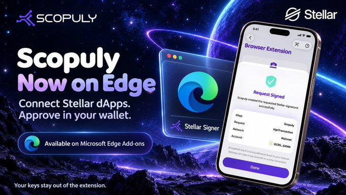 A promotional graphic for 'Scopoly' featuring the logos for Scopoly and Stellar, advertising the extension as 'Scopoly Now on Edge' and 'Available on Microsoft Edge Add-ons'.