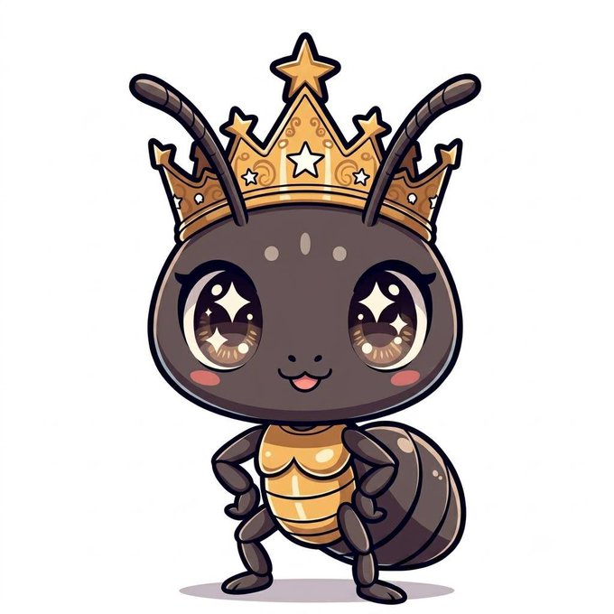 An adorable cartoon ant wearing a golden star-adorned crown stands with big sparkling eyes and a cheerful smile. The royal ant mascot fits perfectly with the post announcing a major community collaboration between $ANT and $SHIB teams, symbolizing a crowning achievement and a "qualitative leap" in their new partnership plans.