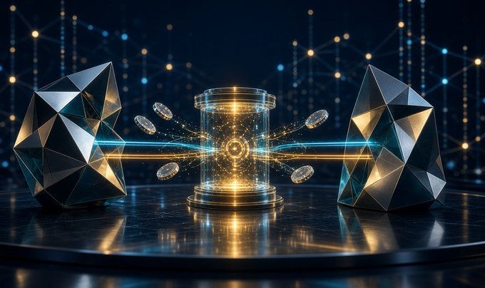 A digital illustration featuring geometric crystal-like structures connected by glowing blue and gold light beams.