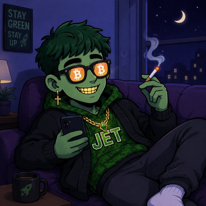 A cartoon illustration of a green-skinned character with Bitcoin-logo sunglasses, gold chains, a 'JET' shirt, and cross earring, lounging on a couch smoking a cigarette and holding a phone, with a 'STAY GREEN STAY UP' poster on the wall.