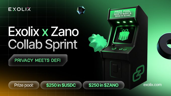A promotional graphic for 'Exolix x Zano Collab Sprint' featuring an arcade cabinet design with a prize pool of $250 in $USDC and $250 in $ZANO, alongside the text 'PRIVACY MEETS DEFI' and the Exolix logo.