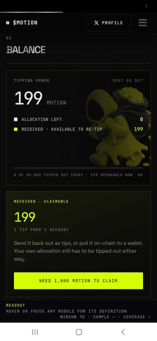 A mobile app interface labeled 'MOTION' shows a balance page with 'TIPPING POWER 199' and a prompt stating 'NEED 1,000 MOTION TO CLAIM' a received tip.