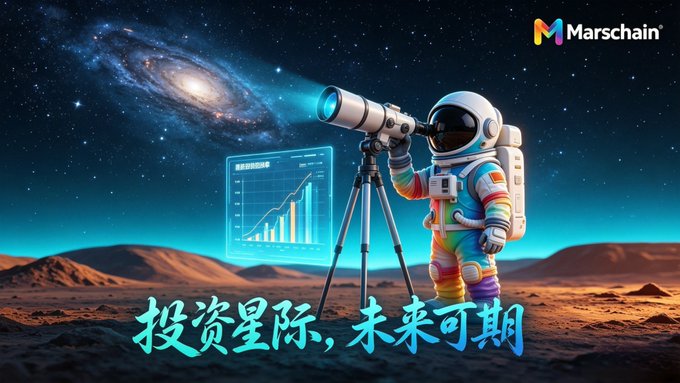 An astronaut with a rainbow suit stands on a Mars-like landscape looking through a telescope at a spiral galaxy, with a holographic chart showing growth and the text 'Marschain', '投资星际, 未来可期' (Invest in the stars, a promising future).