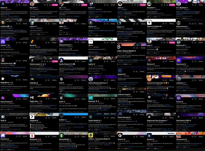 The image shows a grid of various social media profiles, including Twitter, Instagram, and Facebook pages. Each profile has a different color and size, creating an organized and visually appealing layout. The posts are diverse, with some featuring photos and others containing text. The main focus is on the social media platforms themselves, showcasing their unique features and user base.