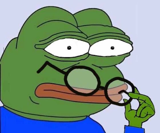 A close-up cartoon illustration of a green frog character with wide, droopy eyes and a flat expression, wearing black round glasses and a blue shirt, holding one lens of its glasses.