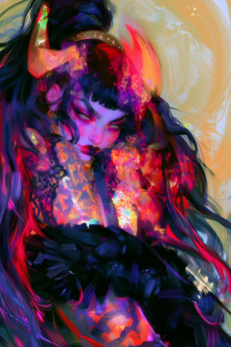 A vibrant digital painting shows a woman with closed eyes surrounded by swirling red, pink, and orange hues with floral accents.