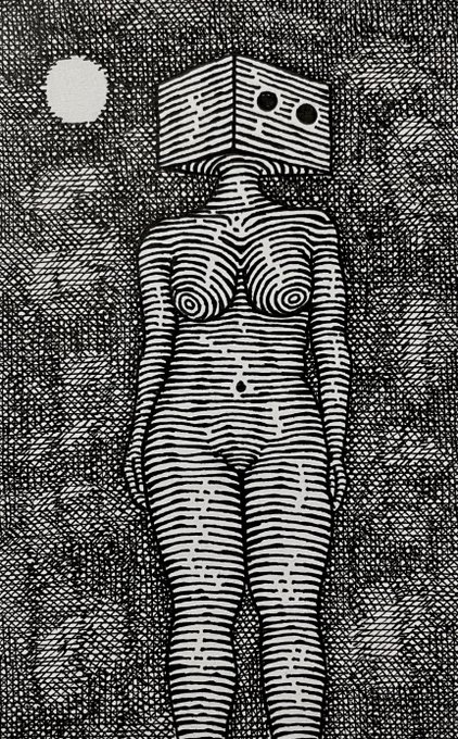 A stylized black-and-white illustration of a nude female figure with a TV-headed head, adorned with horizontal line patterns reminiscent of television static. The surreal artwork visually echoes the post's reference to "Tezos" and "Sheath," with the static-like lines and television motif reinforcing the digital, glitchy aesthetic.