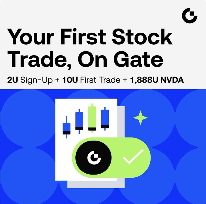 A promotional banner for Gate featuring the headline "Your First Stock Trade, On Gate" with offers of 2U for sign-up, 10U for a first trade, and 1,888U in NVDA, alongside illustrated candlestick charts and the Gate logo, which visually supports the post's message about making a first stock trade through the familiar Gate platform as crypto and traditional finance converge.