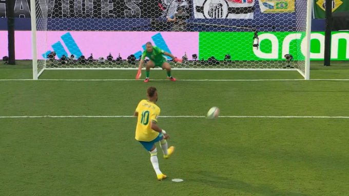 Neymar (#10) prepares to take a penalty kick for Brazil against Norway's goalkeeper, capturing the decisive moment that led to Brazil's 3rd goal and a $27,061 payout on Polymarket.
