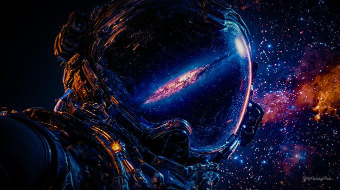 A digital artwork of an astronaut's helmet reflecting a galaxy/space scene, with vibrant stars and nebulae in the background.