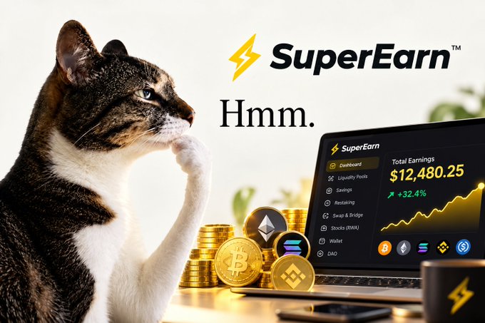 A tabby cat looking thoughtfully at a laptop displaying a 'SuperEarn' dashboard showing total earnings of $12,480.25, with Bitcoin and other cryptocurrency coins stacked nearby.