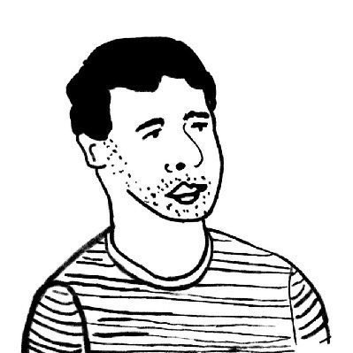 A black and white line drawing of a man with stubble wearing a striped shirt.