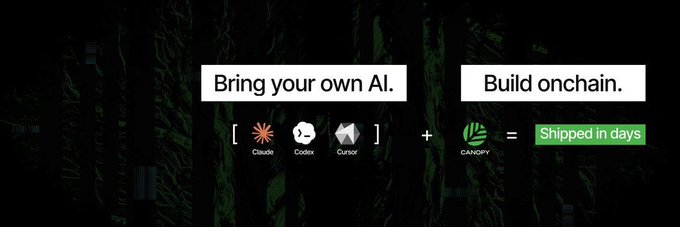 A promotional graphic with the tagline "Bring your own AI. Build onchain." displayed against a dark background with green elements, featuring icons for AI development tools Claude, Codex, and Cursor alongside the Canopy (CNPY) logo, with the equation "Shipped in days" emphasizing rapid deployment.

The image directly supports the post by visually presenting Canopy Network's (CNPY) solution—combining popular AI tools (Claude, Codex, Cursor) with their platform to ship blockchain projects quickly in just days, rather than enduring the slow, expensive, and difficult process of launching on traditional web3 infrastructure.