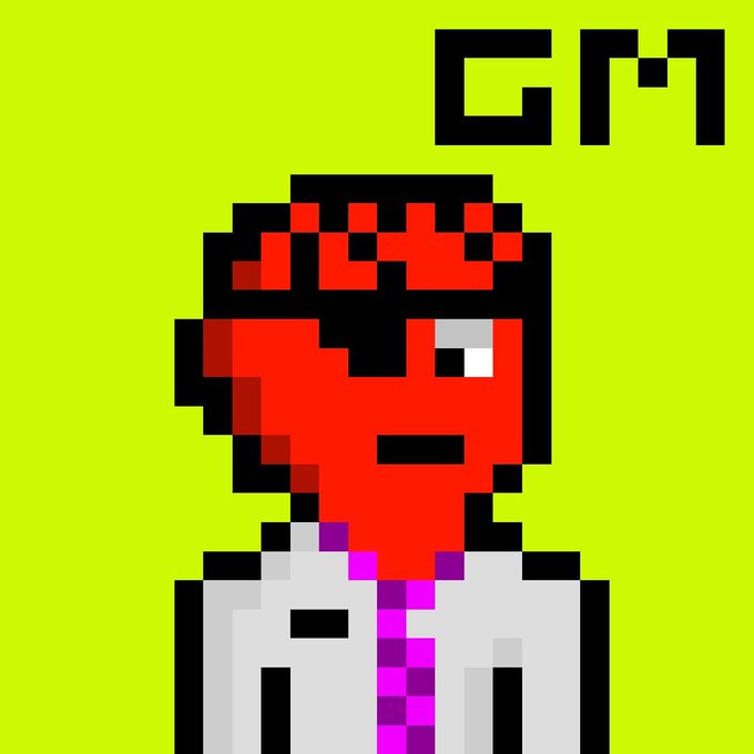 A pixel-art character with a red face, dark hair, and a magenta-striped white shirt stands against a bright yellow-green background, with the bold black text "GM" (Good Morning) displayed in the upper right corner—visually reinforcing the upbeat greeting "NFA but GM!" often used in crypto communities to say "not financial advice, but good morning."