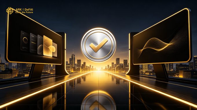 A futuristic cityscape with two glowing display panels flanking a large central checkmark, symbolizing trust and verification in the Web3 space. The left panel shows digital cards/content tiles while the right displays flowing wave graphics, with "ARK | DeFAI Own the Future" text in the corner, visually reinforcing Arkie AI's role in guiding users confidently through the ARK ecosystem.