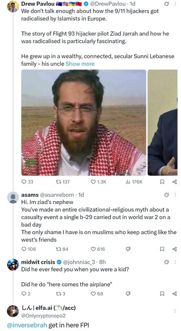 A social media thread includes a tweet from Drew Pavlou discussing 9/11 hijackers and Ziad Jarrah, followed by replies discussing aviation history and referencing @inversebrah.