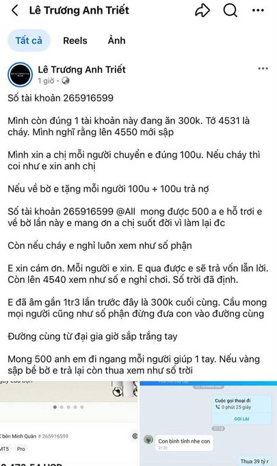 A Vietnamese Facebook post from 'Lê Trường Anh Triết' containing text about financial transactions and screenshots of conversation.