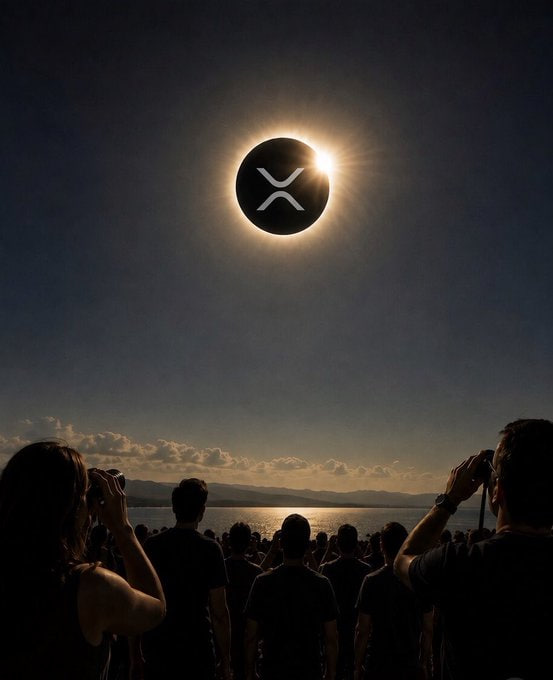 The XRP logo eclipses the sun like a celestial event, watched by a crowd of onlookers. The image evokes the anticipation and uncertainty surrounding XRP's future price, mirroring the question of where it will stand by the end of 2026.