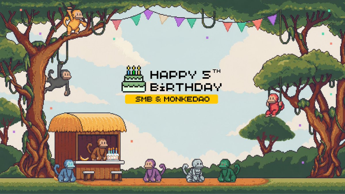 A pixel art birthday banner reading 'HAPPY 5TH BIRTHDAY SMB & MONKEDAO' set in a jungle scene with monkeys, a hut, and colorful bunting flags.