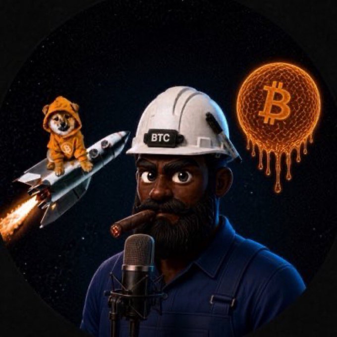 Digital artwork shows a bearded man wearing a 'BTC' hard hat smoking a cigar into a microphone, with a doge riding a rocket to the left and a glowing orange Bitcoin sphere to the right.