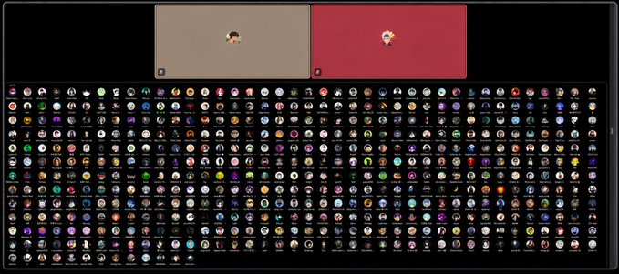 A large grid displaying hundreds of small circular profile pictures or icons, with two larger rectangular profile images at the top—one gray and one pink.