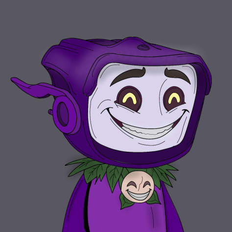 A digital illustration of a character with a vintage purple television set for a head, displaying a wide grinning face with yellow eyes on the screen, and a smaller smiling face adorning the chest area of its purple outfit.