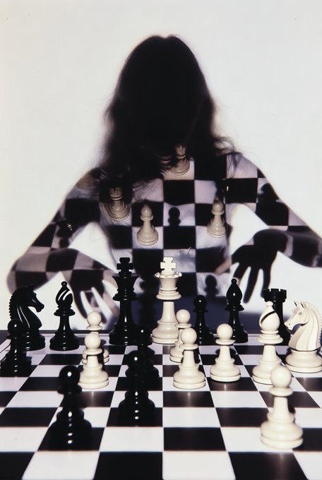A blurry figure sits behind a chessboard with both pieces in play and hands reaching toward the board, creating a surreal, dreamlike visual that complements the NFT artwork "The Illusion," of which 12 of 25 editions have been sold. The strategic composition mirrors the piece's title by blending reality and abstraction, evoking the feeling of an illusion much like a chess game between perception and truth.