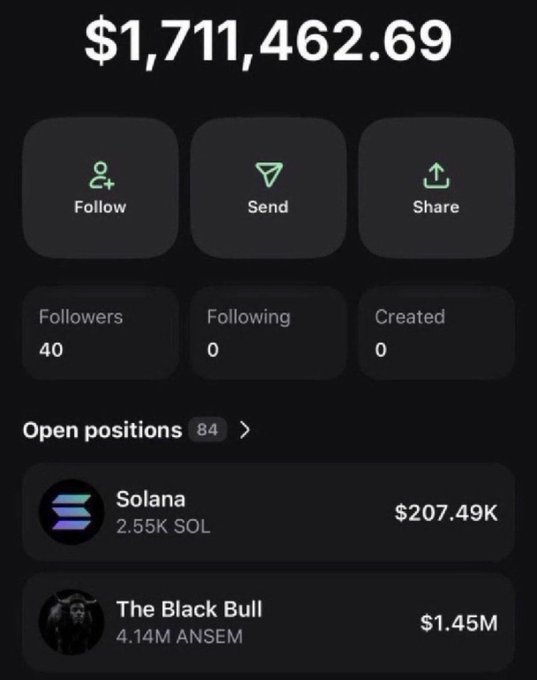 Mobile app screen showing a wallet balance of $1,711,462.69 with Follow/Send/Share buttons, 40 followers, 0 following, and open positions including Solana (2.55K SOL, $207.49K) and The Black Bull (4.14M ANSEM, $1.45M).