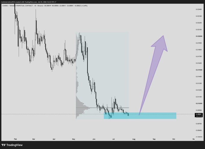 A TradingView chart of $COOKIE/USDT on Binance shows price consolidating near $0.00819 (down 3.49%) in a highlighted accumulation zone, with a large purple arrow indicating an anticipated breakout to the upside—reflecting the post's bullish thesis that the InfoFi token is poised to catch up to peers like Kaito.