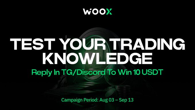 A black promotional banner for wOOX featuring the text 'TEST YOUR TRADING KNOWLEDGE' and 'Reply in TG/Discord To Win 10 USDT' with a campaign period of Aug 03 – Sep 13.
