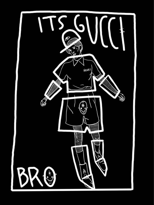 A black and white hand-drawn illustration featuring a figure wearing a cap and jersey with 'HEART' on it, with the text 'ITS GUCCI' at the top and 'BRO' at the bottom left.