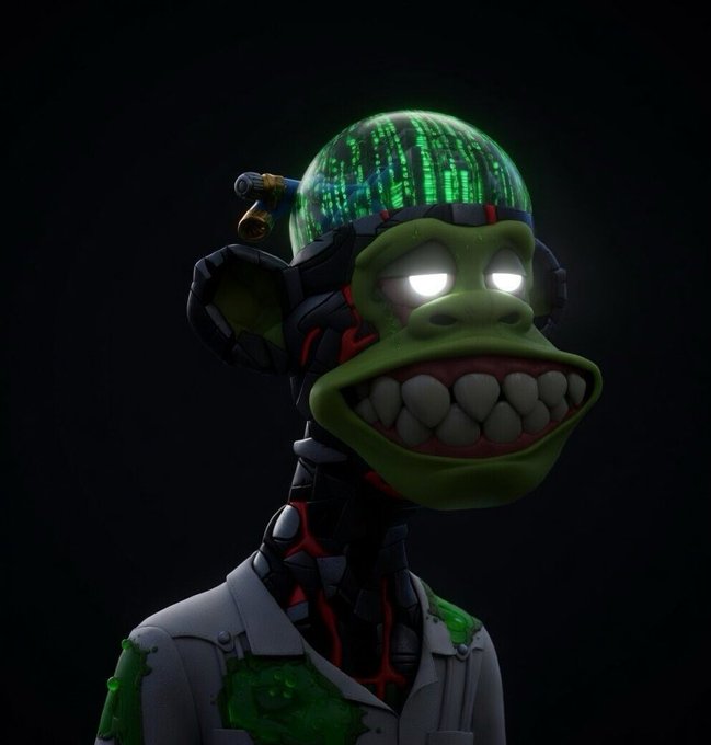 A 3D-rendered cyberpunk character featuring a grotesque monkey-like face with large teeth, glowing white eyes, and a transparent dome head displaying green matrix-style code.