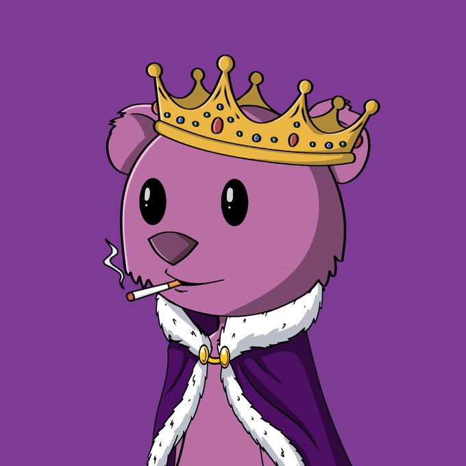 A cartoon illustration of a purple bear wearing a gold crown adorned with jewels and a purple royal cape with white fur trim, smoking a cigarette, set against a purple background.