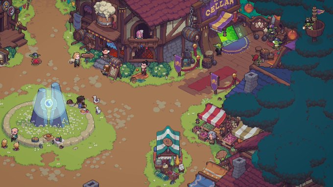 The image shows a cartoon-like scene of a village with various shops, including a barber shop and a bakery. The village appears to be a part of a video game, possibly a web 3D game like Web3D or a similar platform. The village is populated by several people engaged in different activities such as shopping at the market, sitting outside the barber's shop, and walking around the village. There are also some buildings visible within the scene, adding to the overall atmosphere of the cartoon-like setting.
