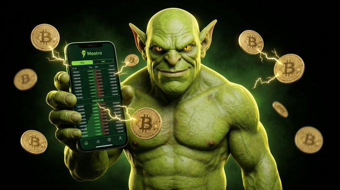 An illustration of a green goblin-like creature holding up a smartphone displaying the 'Mostro' app, surrounded by floating Bitcoin coins and lightning effects.
