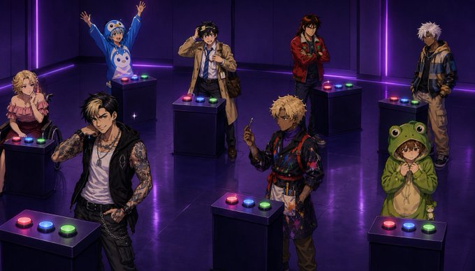 Seven anime-style characters stand around pedestals displaying colorful press buttons (red, blue, and green) in a purple-lit room, visually promoting the "Valhist Buttons" NFT mint collection with a $1,200 reward pool. The character's varied poses—some pressing buttons, others gesturing playfully—align with the game's interactive button-pressing theme.