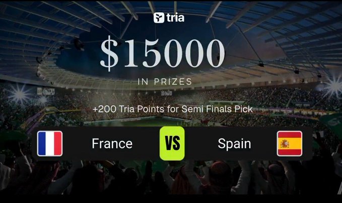 A promotional graphic from the Tria app advertising a $15,000 prize pool and +200 Tria Points for predicting the France vs Spain Euro semi-final match.