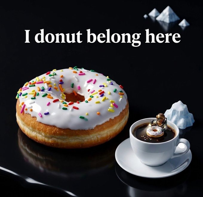 A meme showing a frosted donut next to a tiny coffee cup with a caption reading 'I donut belong here'.