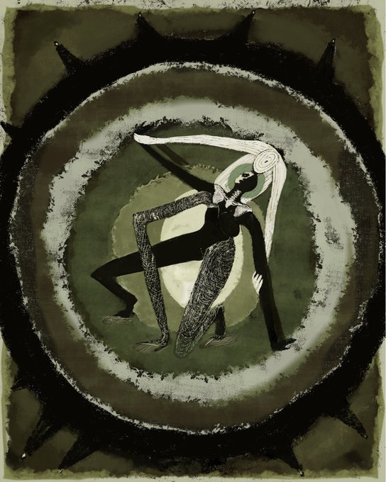 A surreal illustration featuring a stylized, elongated figure with patterned limbs bending in an impossible pose, set against a circular green and black background framed by jagged, crown-like points.
