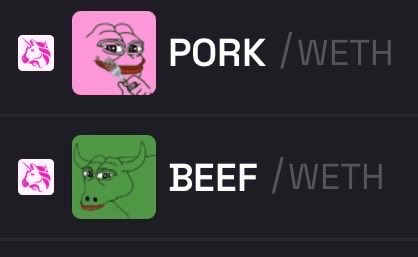 A screenshot showing meme coin trading pairs 'PORK / WETH' and 'BEEF / WETH' with the Pepe-style frog icon.