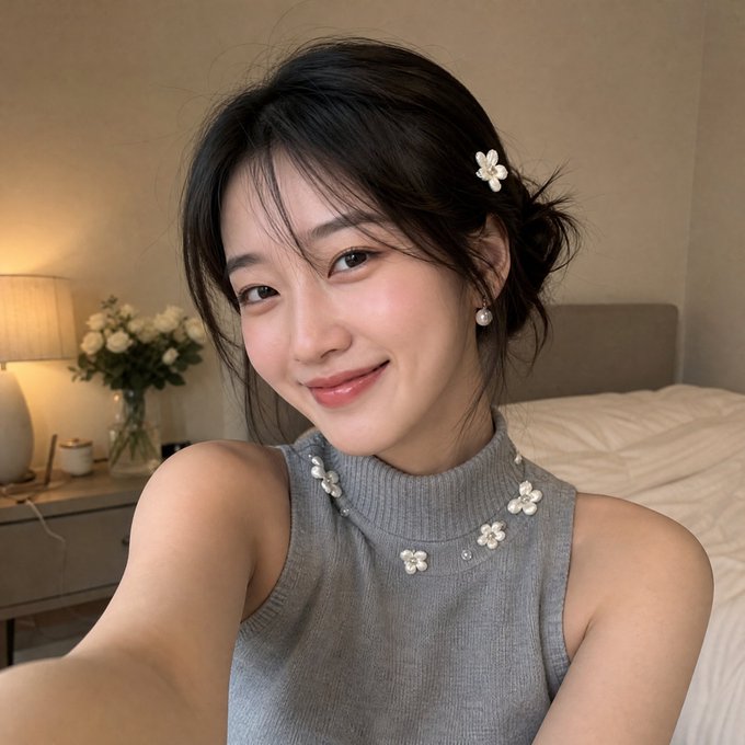 A selfie of a smiling young woman with dark hair adorned with a white flower clip, wearing a gray floral-embellished top in a bedroom setting.