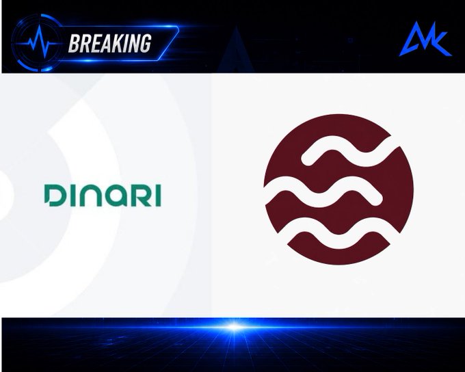 A 'BREAKING' news graphic displays the Dinari logo on the left and a circular maroon emblem with wave-like symbols on the right, set against a blue digital background.