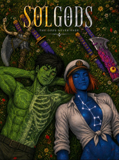 Cover art for 'SOL GODS' with the tagline 'THE GODS NEVER FADE', featuring two illustrated characters with green and blue skin lying in a field beside ornate weapons.