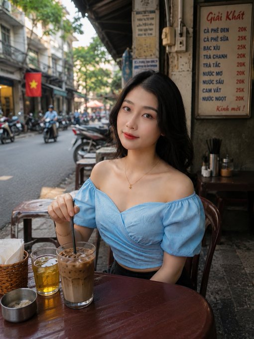 A young woman in a blue off-shoulder top sits at a Vietnamese street-side café with iced coffee, with a Vietnamese drinks menu ('Giải Khát') visible behind her.