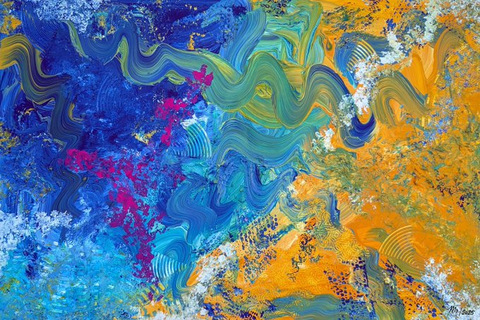 An abstract painting featuring swirling textures in blue, teal, gold, and magenta with a signature in the bottom right corner.