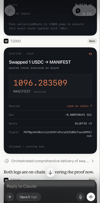 A mobile app screenshot showing a successful token swap transaction on the T2000 platform, displaying 'Swapped 1 USDC -> MANIFEST' with a received amount of 1096.283509 MANIFEST.